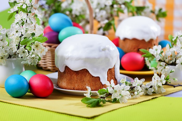 Easter Kulich Cakes and Painted Eggs with Flowers