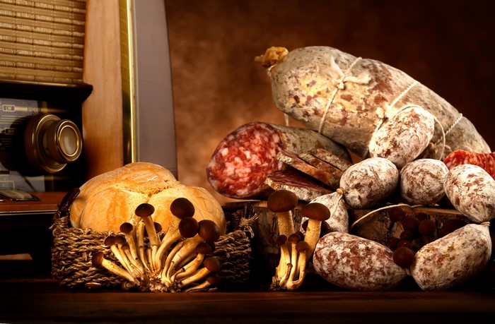 Sausages, Bread, Mushrooms, and Radio