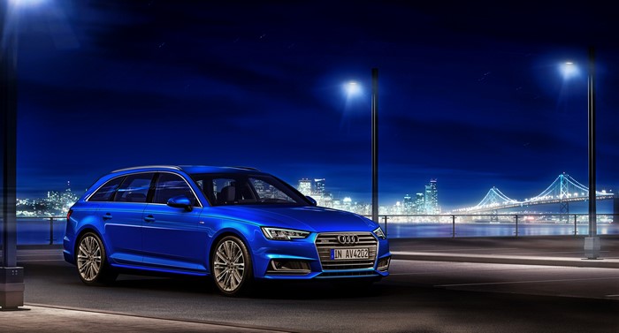 Blue Audi A4 Avant TDI Estate Car at Night