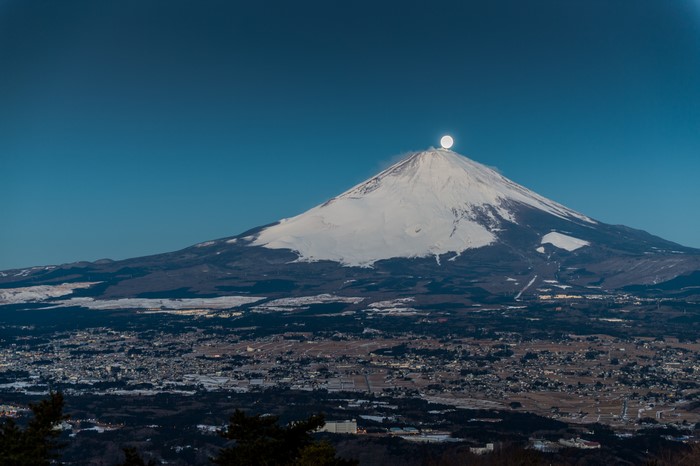 Mount Fuji with Moon in Japan