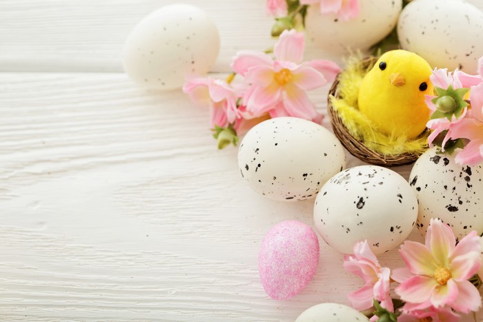 Easter eggs and chick in a nest on wood planks