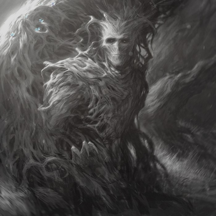 A supernatural being with a face made of roots and branches