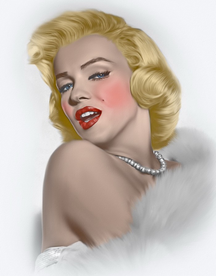 Marilyn Monroe painting with blonde hair and pearl necklace