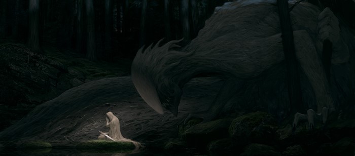 Warrior with sword facing a large monster in a dark forest