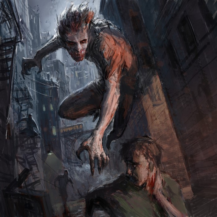 Vampire hunting a man in a dark alley