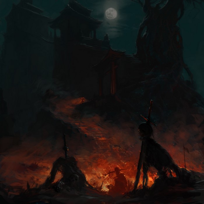 Warriors and Pagodas at Night Under the Moon