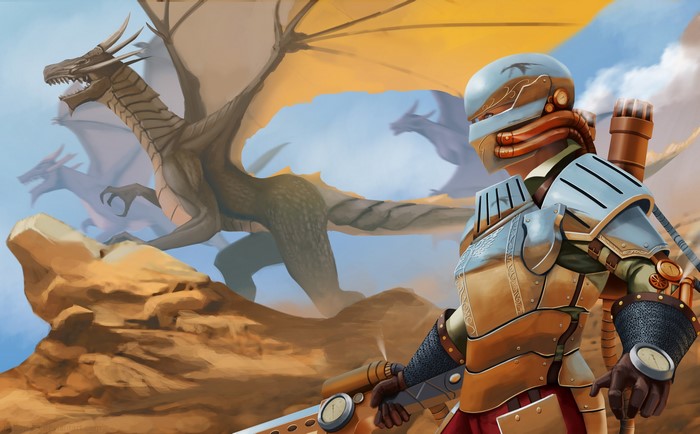 Steampunk warrior facing dragons in a desert landscape