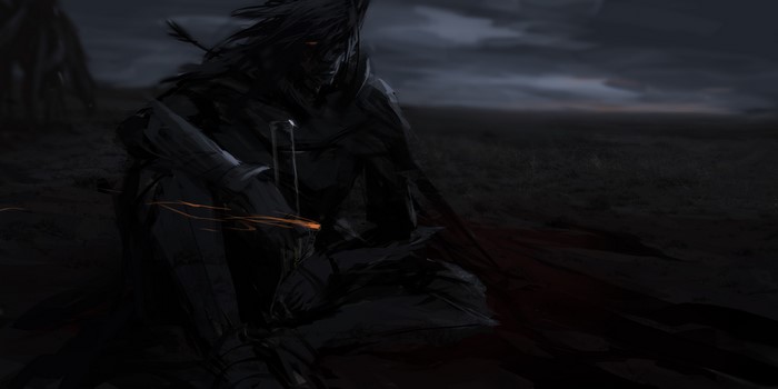 Warrior sitting in a dark landscape