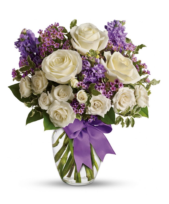 White Roses and Purple Flowers in a Vase with Bow