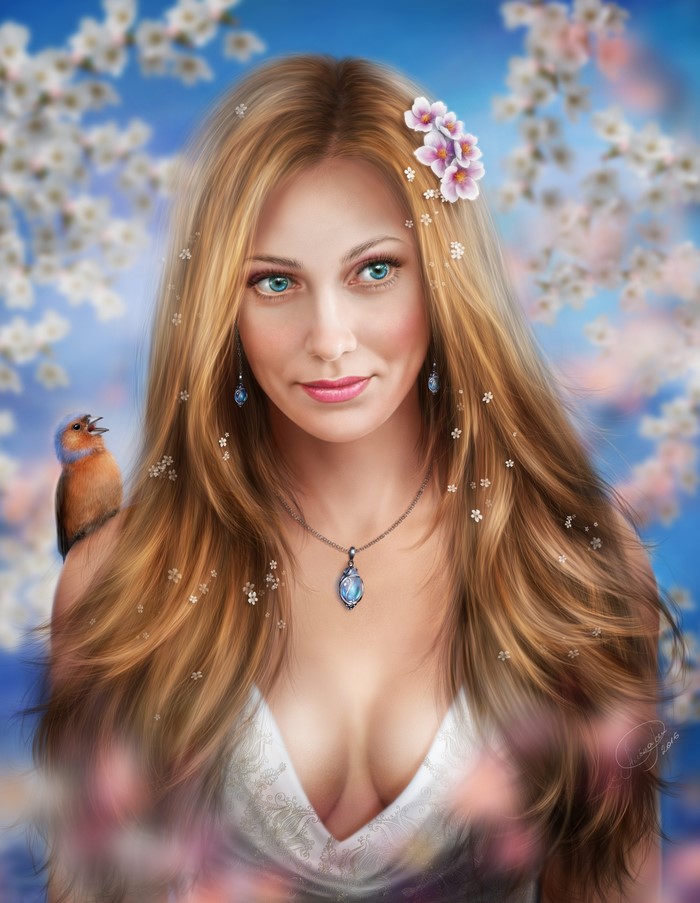 Woman with bird and flowers