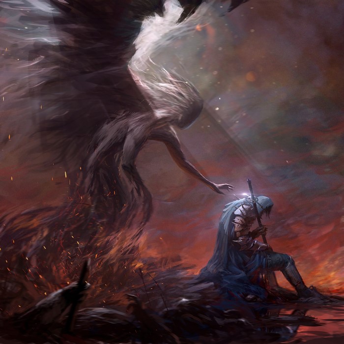 Angel reaching down to a knight in a fiery landscape