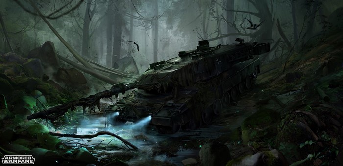 Leopard 2A6 tank in a dark, overgrown forest