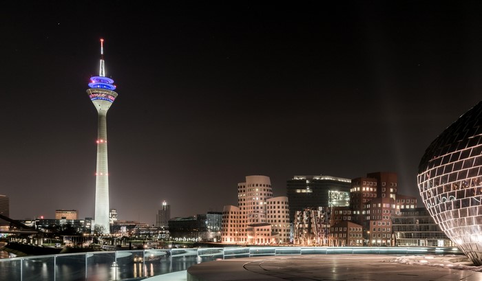 Dusseldorf Rhine Tower and modern architecture at night