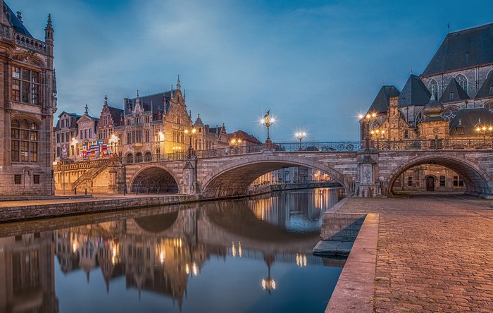 Ghent Belgium Canal Bridge Evening