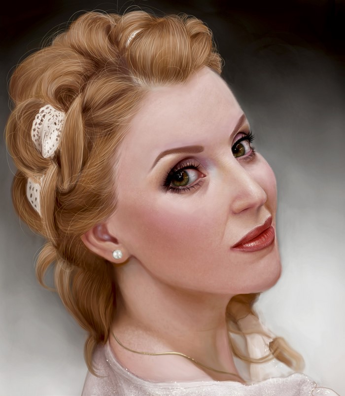 Painting of a woman with auburn hair and green eyes