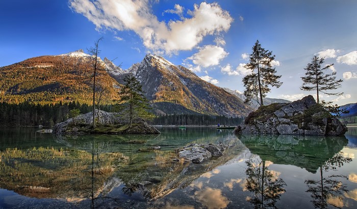 Lake reflection of mountains and trees in Berchtesgaden, Germany