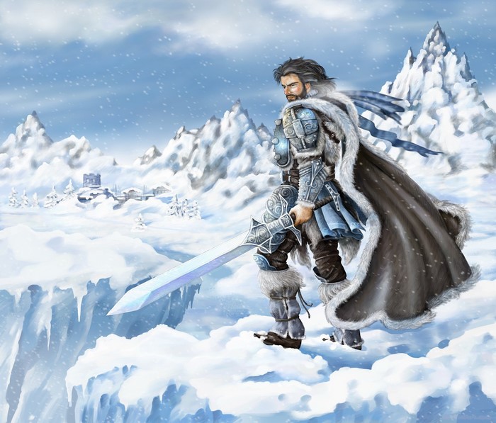 Warrior with sword in snowy mountains