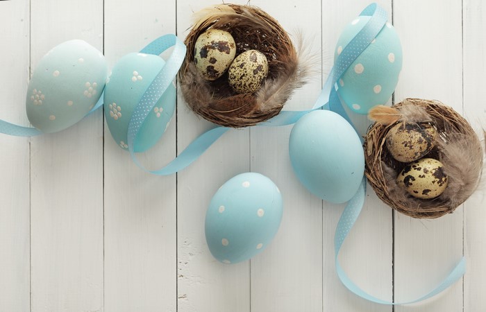Easter eggs and nests on wood planks