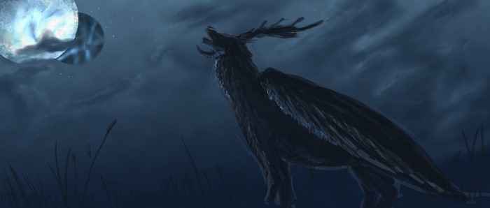 Magical animal howling at two moons at night