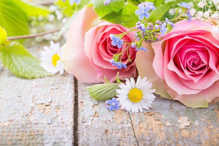 Pink Roses and Daisies on Wood Planks