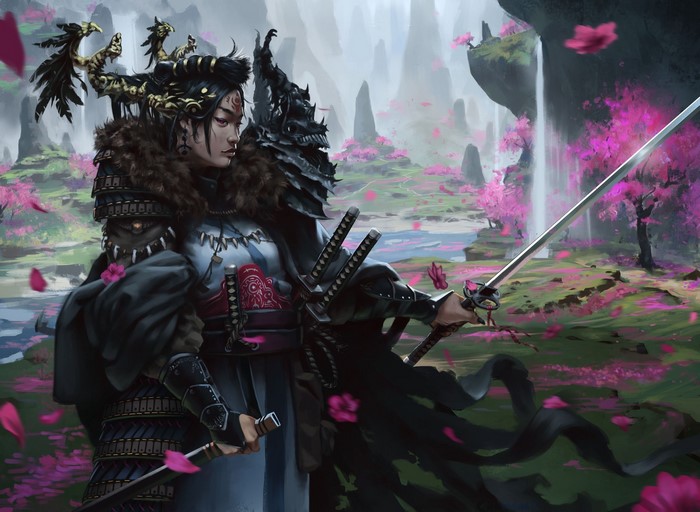 Samurai warrior with swords in a cherry blossom landscape