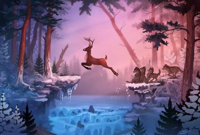 Deer jumping over icy river with wolves chasing