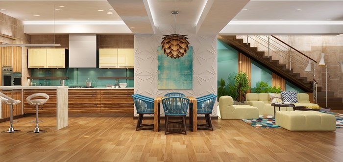 Modern open-plan living room and kitchen with dining area