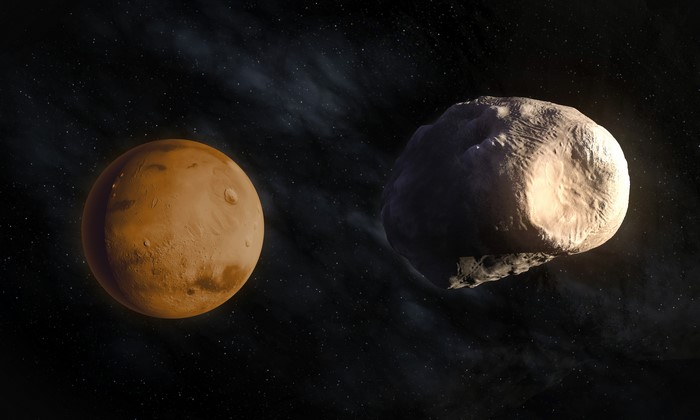 Mars and Phobos in space
