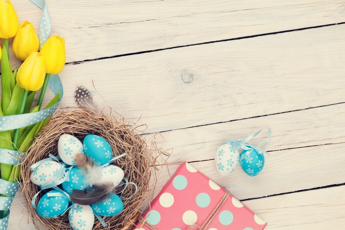 Easter eggs in a nest with tulips and a gift