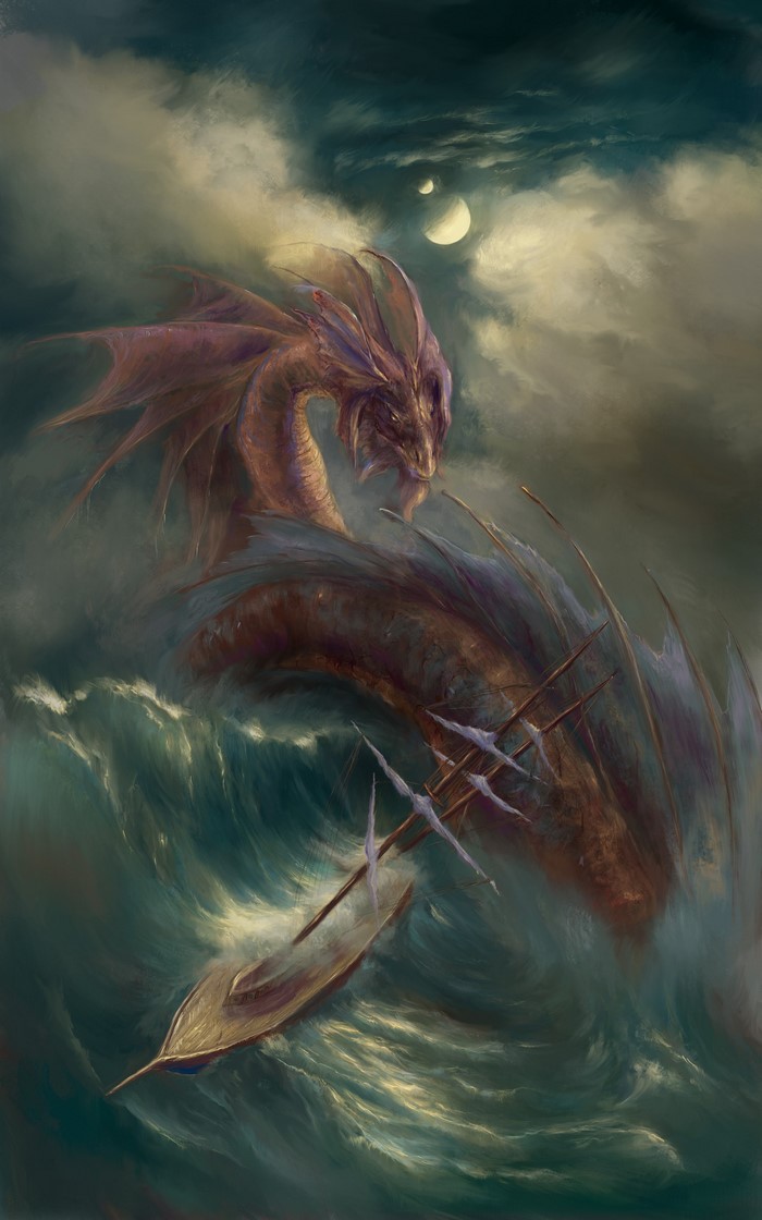 Dragon attacking a ship in stormy seas