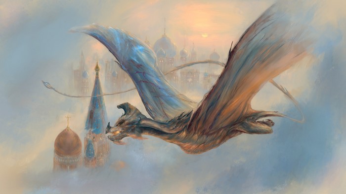 Dragon flying over a city with domes and spires