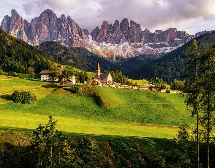 Santa Maddalena village with Dolomites mountains, Italy