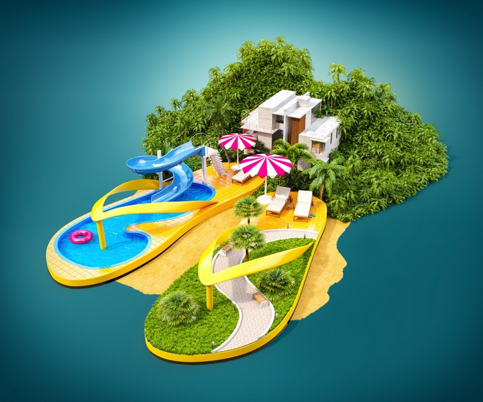 Flip-flops transformed into a tropical resort island with a pool and waterslide