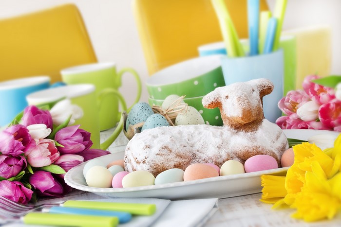 Easter lamb cake with tulips and eggs