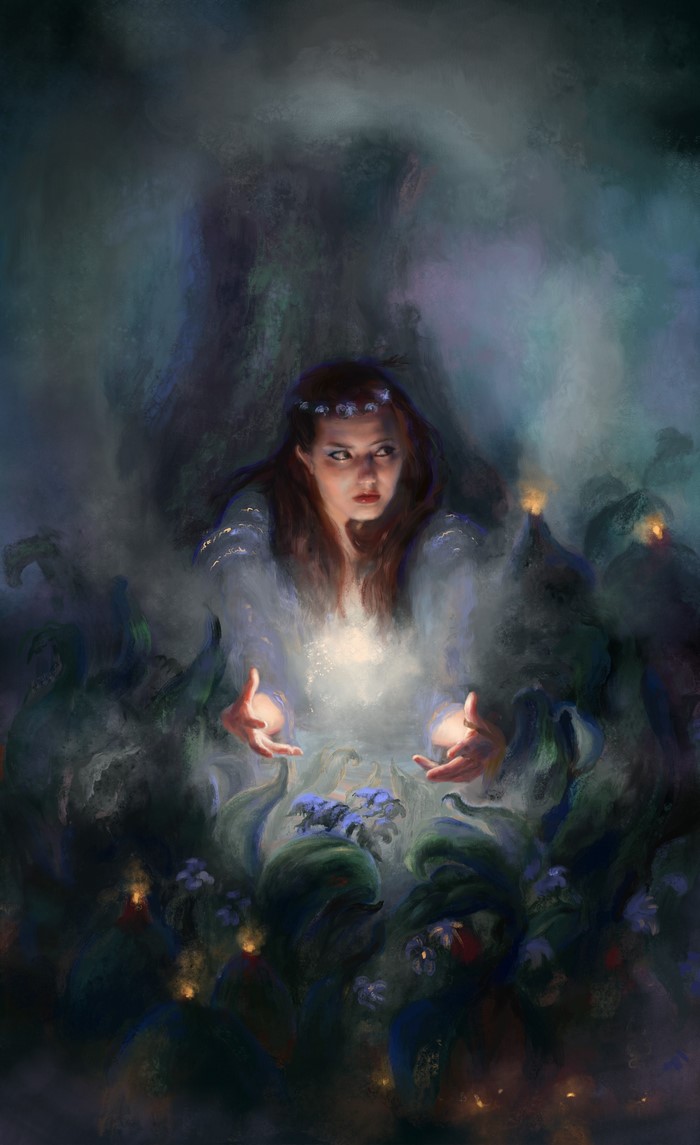 A witch conjures light in a mystical forest