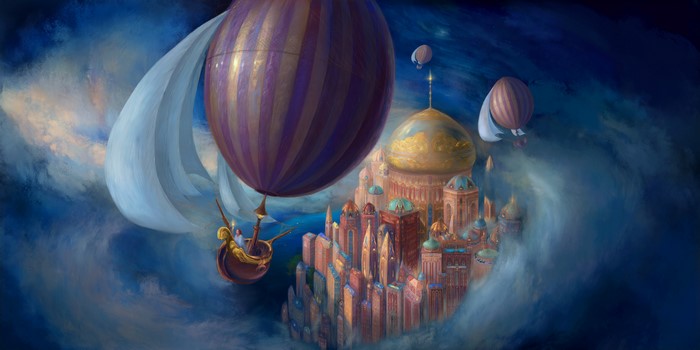 Fantastic world with aerostats and a city