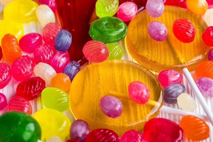 Many colorful lollipops and candies