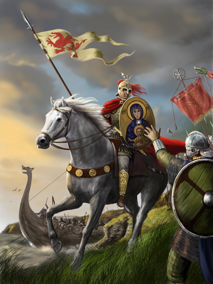 King Arthur on horseback with a dragon banner