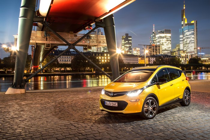 Yellow 2016 Opel Ampera-e in Frankfurt at Night