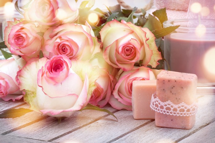 4K Roses, Candles, and Soap on Wood Planks
