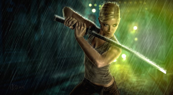 Woman holding a katana in the rain