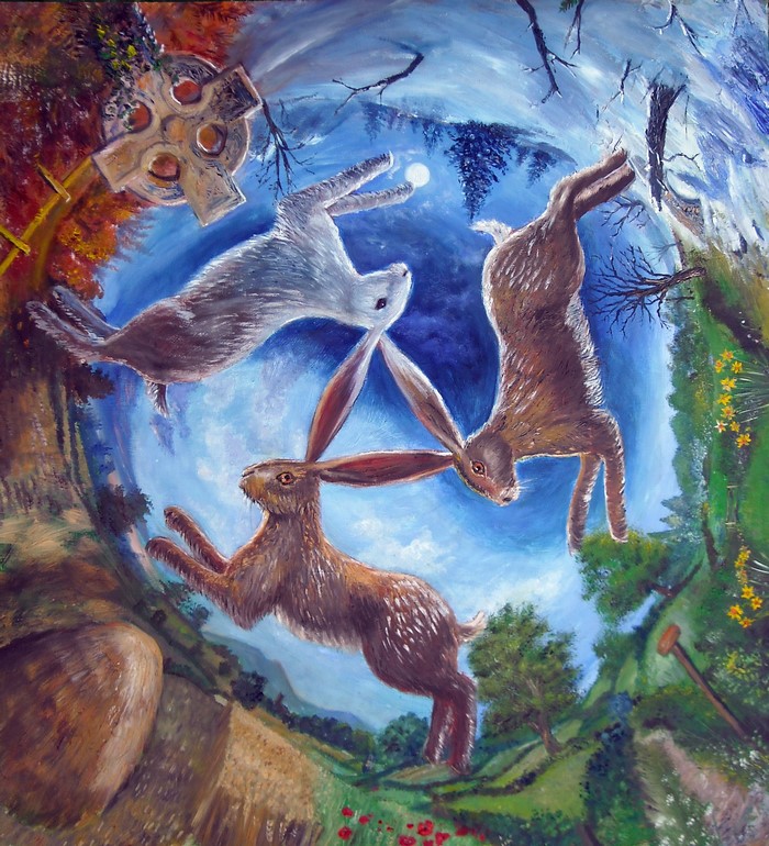 Three Hares in a Circular Landscape Painting