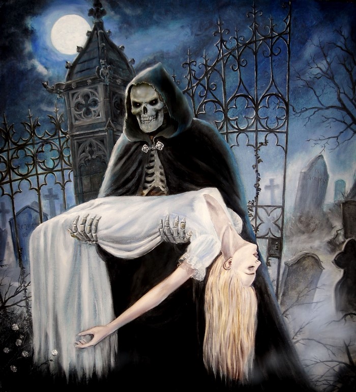 Grim Reaper carrying a woman in a cemetery at night