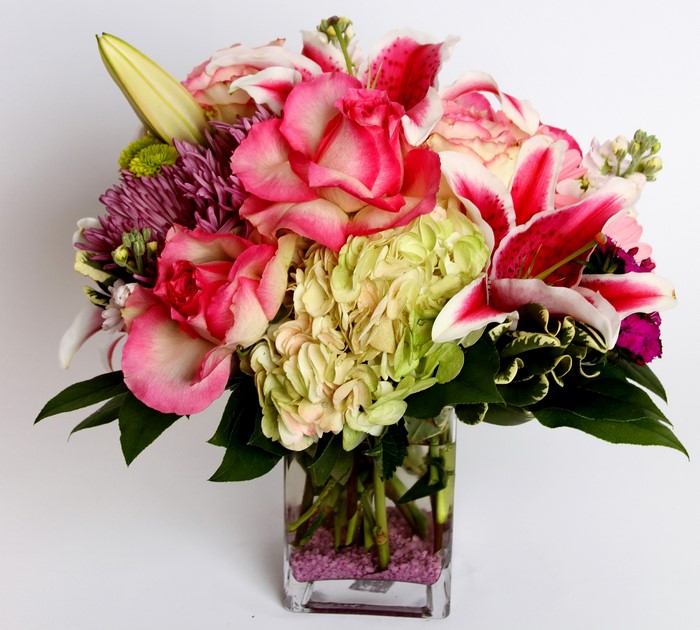Pink Roses, Lilies, and Hydrangeas in a Glass Vase