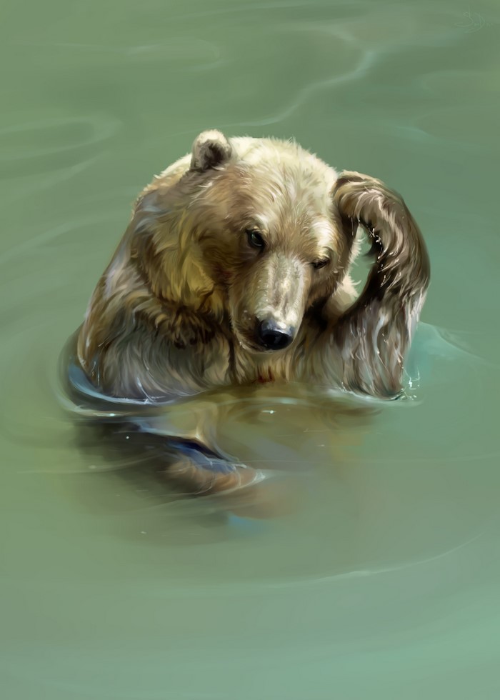 Brown Bear Swimming in Water Painting