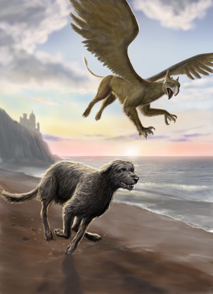 Dog and Gryphon on a Beach at Sunset