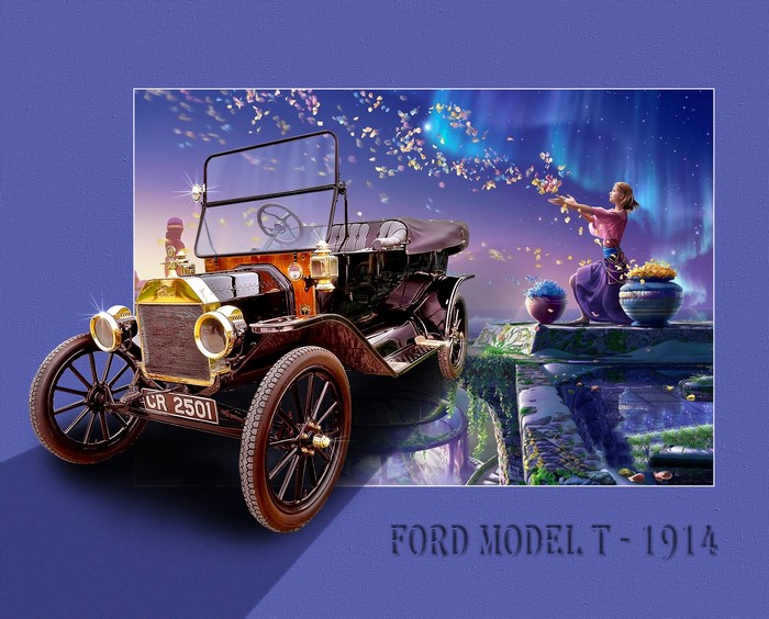 Ford Model T 1914 with a woman and aurora borealis
