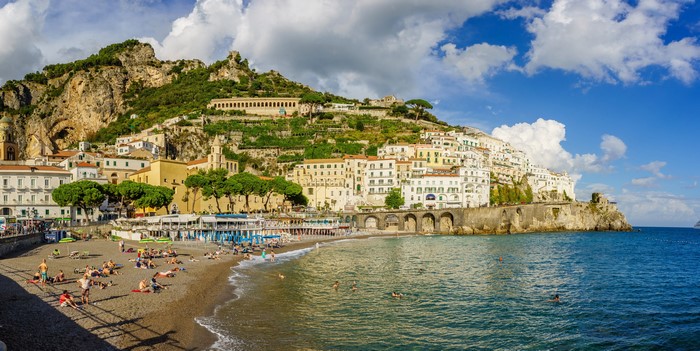 4K Amalfi Coast Italy Houses Sea Crag Trees