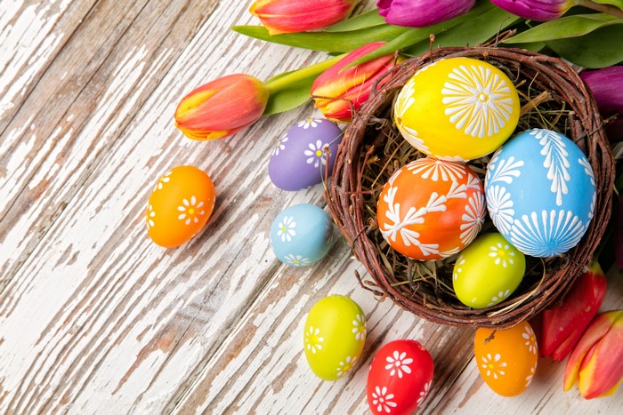 Easter Eggs in a Nest with Tulips