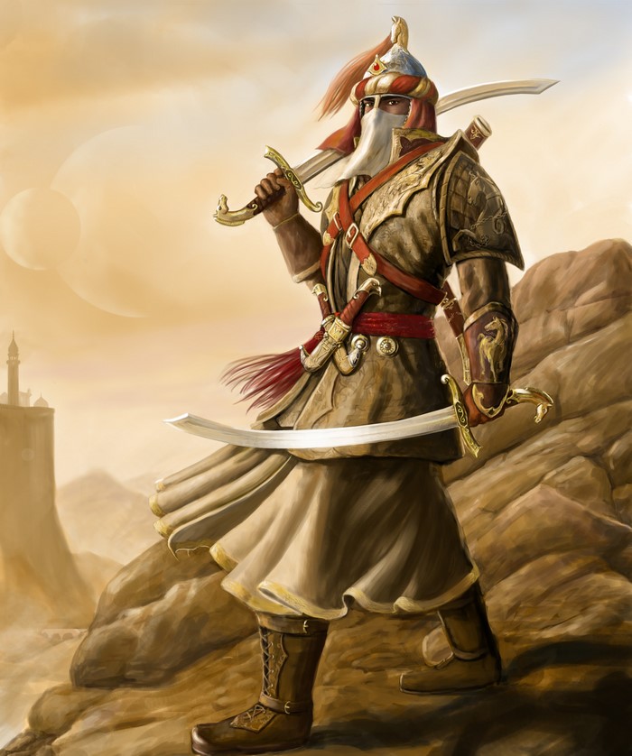 Armored Warrior with Dual Sabres on Rocky Terrain